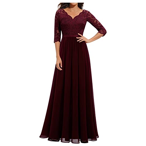 FUPODD Chiffonkleid Festlich Extra Lang Bodenlanges Mit V-Ausschnitt Tüllkleid Kurzarm Spitze Rüschen 50er Rundhals Abendkleider Spitze Bodenlange Cocktailkleid Festliche 3/4 Ärmel Festliche von FUPODD