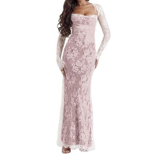 FUPODD Cocktailkleid Damen Sexy Spaghettiträger Kleider Damen Elegant Lang Curvy Abiballkleide Zweiteiler Kleid Damen Rückenfrei Korsett Cardigan Spitze Langarm Partykleid Slim Spitzenkleid 2 Teiler von FUPODD
