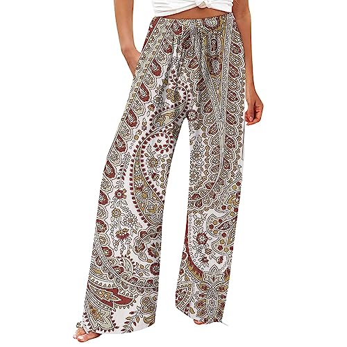 FUPODD Culottes Hosen Damen Bunt Leichte Sommerhose Damen Hose Damen Sommer Lang Weites Bein Sommerhose High Waist Bequem Luftig Freizeithose Leicht Elegant Locker Schlupfhose Stoffhose Palazzo Hose von FUPODD