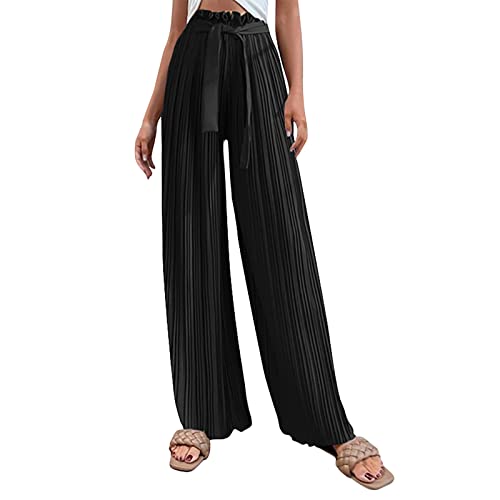 FUPODD Culottes Hosen Damen Festlich Elegant Palazzo Hose Sommer Plissee Freizeithose Lang Weites Bein Marlenehose Elegant Hohe Taille Mit Kordelzug Wickelhose Hosenrock Haremshose von FUPODD