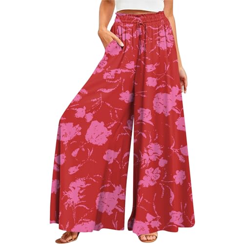 FUPODD Culottes Hosen Damen Leichte Sommerhose, Damen Strandhose Hohe Taile Marlenehose Weites Bein Palazzo Hose Boho Freizeithose Blumen Schlupfhose Frauen Mit Kordelzug und Taschen von FUPODD