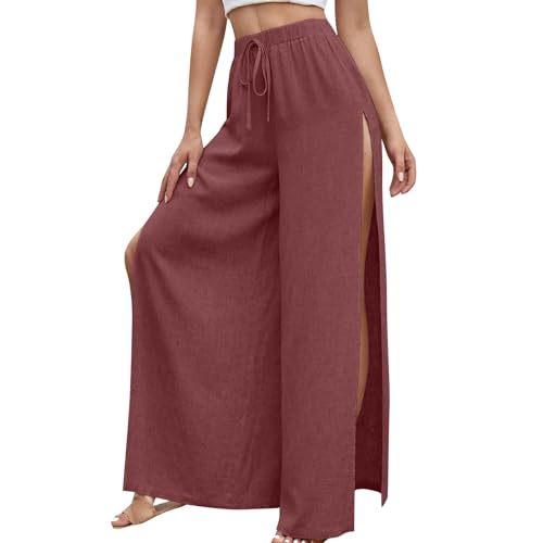 FUPODD Culottes Hosen Damen Seitlich Offen Freizeithose Palazzo Hose Damen Sommerhosen Damen Leicht Luftig Baggy Plissee Stoffhose Musselin Hose Damen Weite Strandhose Marlenehose Damen Mit Gummizug von FUPODD