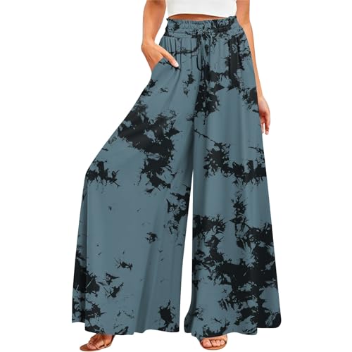 FUPODD Culottes Hosen Stoffhose Damen Sommer Leicht Palazzo Hose High Waist Wide Leg Hose Tie Dye Strandhose Weites Bein Hosen Damen Baggy Mit Tunnelzug Und Taschen Schlupfhose von FUPODD