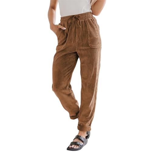 FUPODD Damen Cordhose Gerade Hose Klassisch Einfarbig Lässig Hosen mit Hoch Taillen Hoch Taillierte Taschen Breites Bein Hoch Reißverschltaschen Erwachsene Boyfriend-Stil Hosen mit Kordelzug von FUPODD