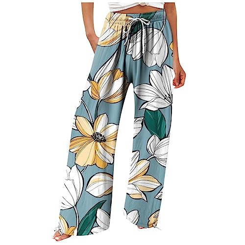 FUPODD Damen Hose mit Weitem Bein Freizeithose Damen Lang mit Kordelzug Sommer Hose mit Seitentaschen Leichte Weite Sommerhose Palazzo Hose High Waist Blumenmuster Bequem Culottes Hosen Plissee von FUPODD