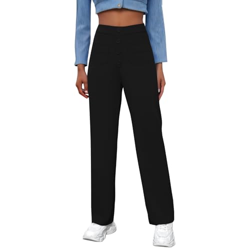 FUPODD Damen Hosen High Waist Knopfleiste Stoffhose Weites Bein Freizeithose Elegant Einfarbig Anzughose Business Büro Palazzo Hose Mit Taschen Damenhose Gerades Bein Bequeme Arbeitshose Locker von FUPODD