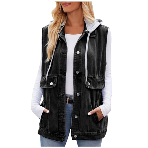 FUPODD Damen Jeansweste Vintage Jeansjacke Damen Ärmellos Weste Damen Mit Kapuze Jeansweste Distressed Gewaschene Oversized Boyfriend Denim Jeans Weste Locker Hoodie Jacke Mantel Übergangsjacke von FUPODD