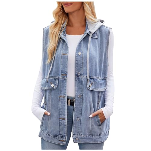FUPODD Damen Jeansweste Vintage Jeansjacke Damen Ärmellos Weste Damen Mit Kapuze Jeansweste Distressed Gewaschene Oversized Boyfriend Denim Jeans Weste Locker Hoodie Jacke Mantel Übergangsjacke von FUPODD
