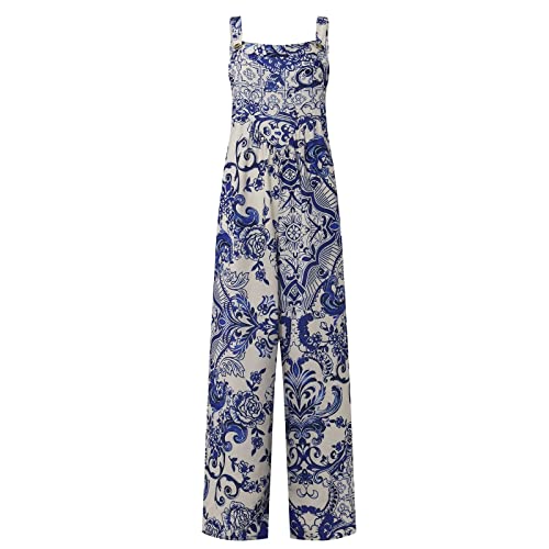FUPODD Damen Jumpsuit Elegant Sommer Rückenfreier Jumpsuit Damen Lang Schnittmuster Gemütlich Overall Mit Taschen Und V-Ausschnitt Farbverlauf Latzhose Arbeit ärmelloser Einfarbiger Onesie Blumen von FUPODD