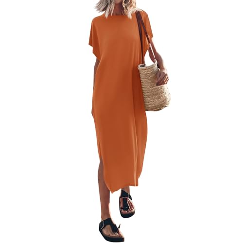 FUPODD Damen Kleider Damenkleider Sommer Musselin Tunika Kleid Midi Blusenkleid Elegant Pareos Und Strandkleider Vintage Maxikleid Boho Strandkleid Damen Lang Weiß Hemdblusenkleid Große Größen von FUPODD