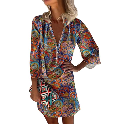 FUPODD Damen Kleider Sommer Kurz Boho-Kleid V Ausschnitt Sommerkleid mit Ärmeln Elegant Kleid Bohemian Damenkleider mit Knopfleiste Sommerkleider Leicht Und Luftig Kleid 3/4 Ärmel Strandkleid Locker von FUPODD