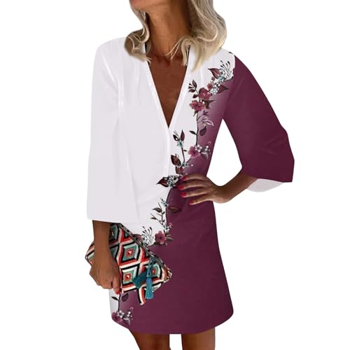 FUPODD Damen Kleider Sommer Kurz Boho-Kleid V Ausschnitt Sommerkleid mit Ärmeln Elegant Kleid Bohemian Damenkleider mit Knopfleiste Sommerkleider Leicht Und Luftig Kleid 3/4 Ärmel Strandkleid Locker von FUPODD
