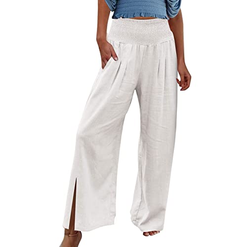 FUPODD Damen Leinenhose Sommer Lang Weites Bein Leichte Sommerhose, Sommerhose High Waist Bequem Luftig Leinen Freizeithose Offener Beinabschluss Leicht Elegant Schlupfhose Stoffhose Palazzo Hose von FUPODD