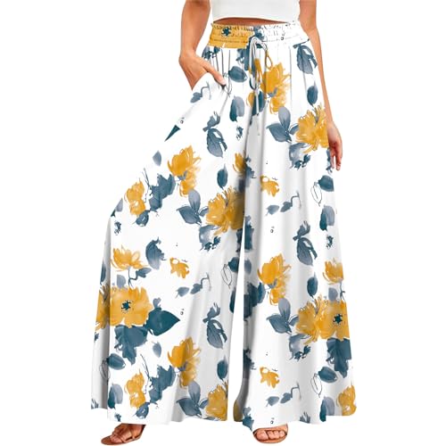 FUPODD Damen Sommer Hosen Palazzo Hose Culottes Hosen High Waist Wide Leg Hose Blumen Marlenehose Boho Flatterhose Mit Taschen Schlupfhose Mit Drawstring Strandhose Frauen Luftige von FUPODD