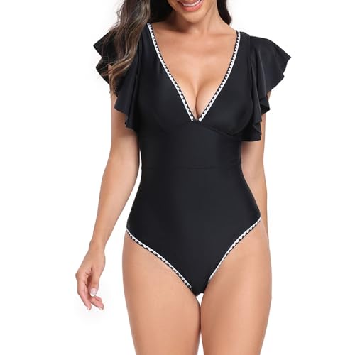 FUPODD Damen Tankini Bademoden Sets Hohe Taille Rüschen Volant Bikini Set Schwimmkostüm Badeanzug Badeanzug Neckholder V Ausschnitt Wickeloptik Bauchweg Raffung Einteilige Bademode Swimsuit von FUPODD