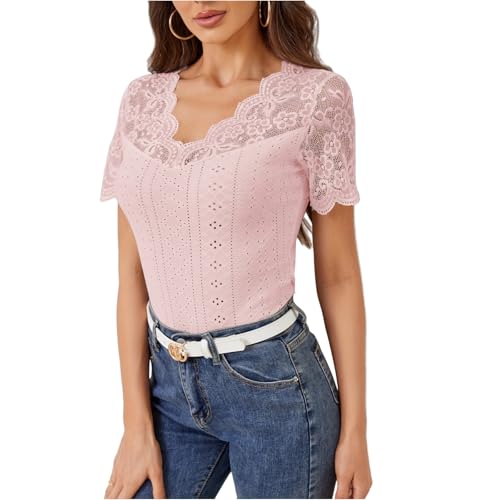 FUPODD Dirndl Bluse Damen Oktoberfest Bluse Damen Spitzenbluse Dirndl Hochgeschlossene Dreiviertel Arm Dirndlbluse Ohne Spitze Trachtenbluse Rosa Transparente Lange Oktoberfestbluse Off Shoulder von FUPODD