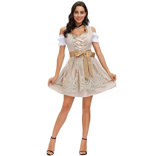 FUPODD Dirndl Damen Lang Dirndl Komplettset Blau Dirndlschürzen Oktoberfest Tracht Maxi Trachtenkleid Korsett Dirndlkleid Leopardenmuster Stretch Trachtenkleider Langes Mit Knöpfen Einfarbig 50cm von FUPODD