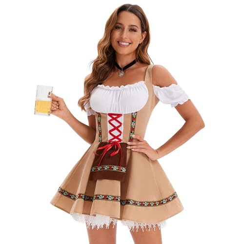 FUPODD Dirndl Für Damen Kurz Dirndl Trachtenrock Schlicht Schürze Spitze Trachtenmode Grün Mini Oktoberfest Dress Länge 82cm Trachtenkleid Dirndlkleid Hochgeschlossenes Schlichtes Kurze Baumwolle von FUPODD