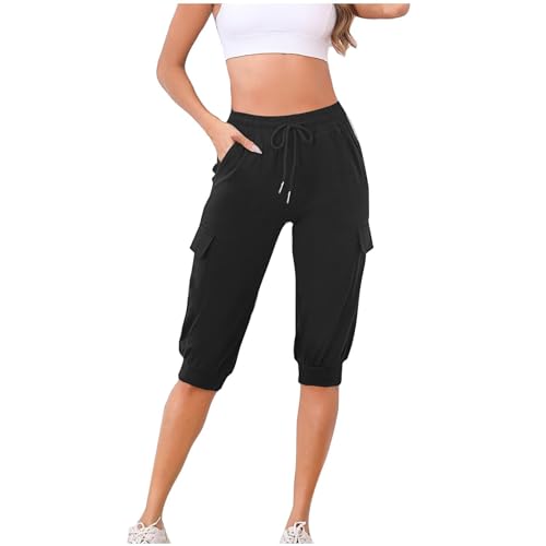 FUPODD Dreiviertel Hose Damen Laufhose Damen Baggy Sporthose Damen Kurz Mit Vielen Taschen Caprihose Damen Sommer Jogginghose Damen Mit Gummizug Sommerhose Damen Leicht Luftig 3/4 Wanderhose Damen von FUPODD