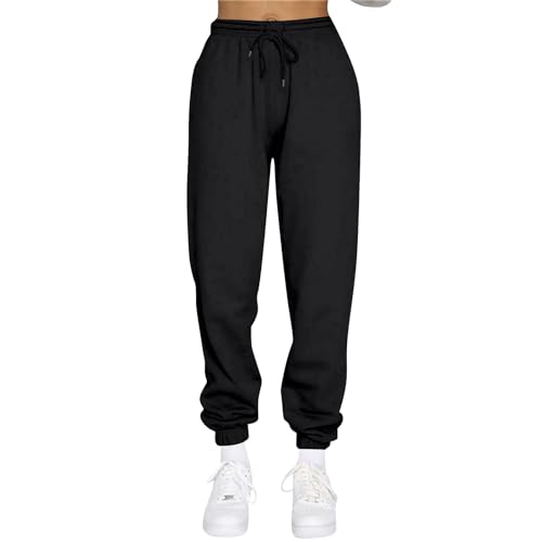 FUPODD Elegante Jogginghose Damen mit Bündchen Stretch Hose Damen Einfarbig Cargohose Damen Baggy High Waist Thermohose Damen Sport Lang mit Kordelzug Trainingshose Damen Baumwolle Straightleg von FUPODD