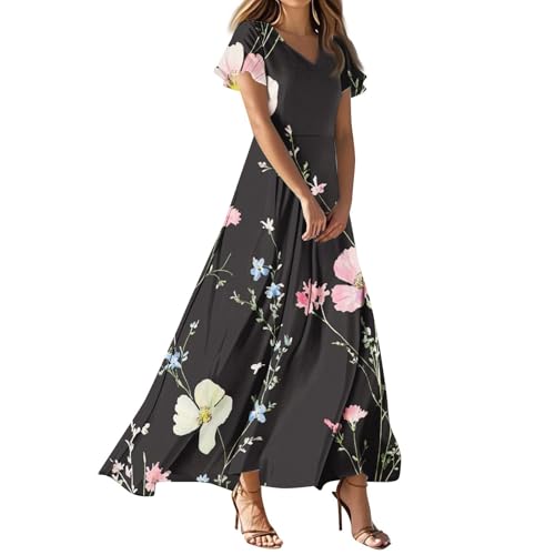 FUPODD Elegante Kleider Damen Schicke Lange Sommerkleider Strand Tunika Kleid Mit Ärmel Sommerkleid Casual Musselin Kleider Elegant Leinenkleid Blumiges Strandkleid Luftig Cocktailkleid Flatterärmel von FUPODD
