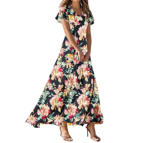 FUPODD Elegante Kleider Damen Schicke Lange Sommerkleider Strand Tunika Kleid Mit Ärmel Sommerkleid Casual Musselin Kleider Elegant Leinenkleid Blumiges Strandkleid Luftig Cocktailkleid Flatterärmel von FUPODD
