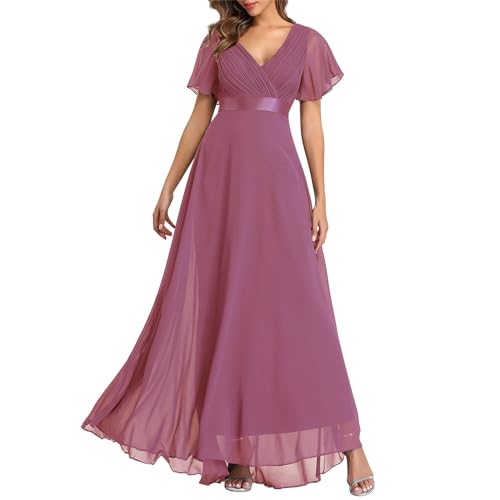 FUPODD Elegante Kleider Damen Spitze Chiffon Kleider Für Hochzeitsgäste Empirestil Hohe Taille Maxikleid Flatterärmel Blumen Lochstickerei Elegantes Leichtes Luftiges Schick Summer Dress Flatterndem von FUPODD
