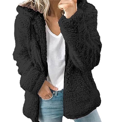 FUPODD Fleecejacke Hoodie Damen Kapuzenpullover Teddy-Fleece Warm Wintermantel Stilvoller Reißverschluss Fellmantel Plüschjacke Mit Taschen Teddy Mantel Damen Oversize Herbstjacke Strickjacke von FUPODD