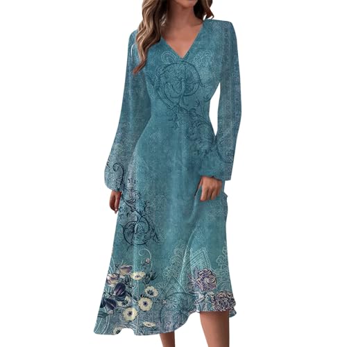 FUPODD Frühlingskleid Damen Langarm Elegant Maxikleid Damen V Ausschnitt Kleider Damen Freizeit Blumenkleid Damen Vintage Sommerkleid Damen Lang Schick Sommerkleider Damen Leicht Und Luftig von FUPODD