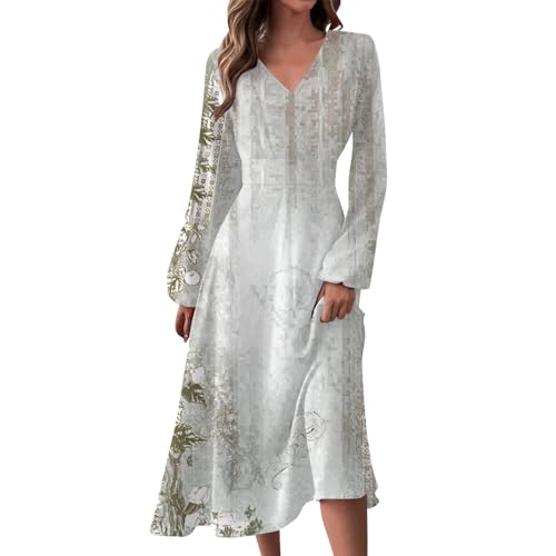 FUPODD Frühlingskleid Damen Langarm Elegant Maxikleid Damen V Ausschnitt Kleider Damen Freizeit Blumenkleid Damen Vintage Sommerkleid Damen Lang Schick Sommerkleider Damen Leicht Und Luftig von FUPODD