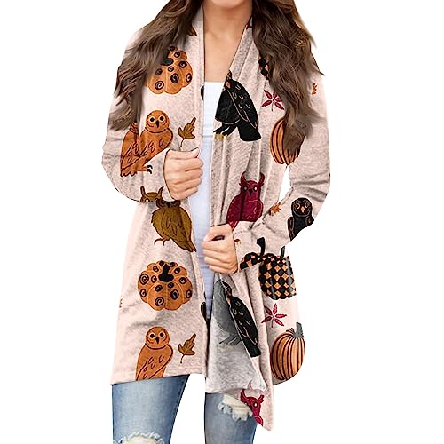 FUPODD Halloween Cardigan Damen Lang Strickjacke Herbst Winter Warm Bequem Casual Mode übergangsjacke Pullover Länge Strickjacke Tasche Gestrickt Jacke Leichte Elegantes Ohne Knöpfen Strickjacke von FUPODD