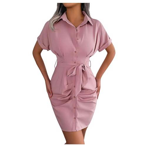 FUPODD Hemdkleid Damen Sommer Kurz Business Kleid Mit Gürtel Sommerkleid Damen Elegant Plissee Bleistiftkleid Slim Chiffon Kleider Knöpfe Kurzarm Sommerkleider Leicht Und Luftig Minikleid Mit Kragen von FUPODD