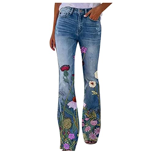 FUPODD Hose Damen Elegant Jeans Damen High Waist Röhrenjeans Einfarbig Zerrissene Retro Knopfleiste Ankle Jeanshosen Straight Weite Hose Damen Damen Freizeithose Kurzgröße Die Blumen Druck von FUPODD