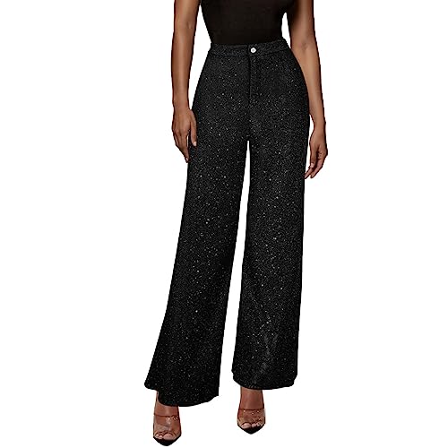 FUPODD Hose Damen Elegant mit Pailletten Anzughose Damen High Waist Glitzer Freizeithose Pailletten Lang Weites Bein Freizeithose Lang Sommerhosen Leicht Pumphose mit Taschen Palazzo Hosen Glänzend von FUPODD