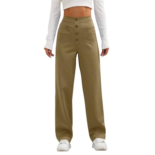 FUPODD Hose Damen Weites Bein Marlenehose Damen Elegant Hohe Taille Pumphose Damen Beige mit Knöpfen Damen Freizeithosen mit Gummizug Arbeitshose Damen Winter Anzughose Damen High Waist von FUPODD