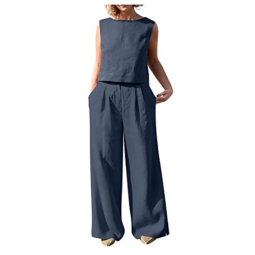 FUPODD Hosenanzüge Für Damen Elegant Anzug Weites Bein Leichte Sommerhose, Damen Freizeitanzug Damen Leinen Trainingsanzug Mode 2-Teiliges Bekleidungsset Ausgestelltes Bein Hosenanzug Modern ärmellos von FUPODD