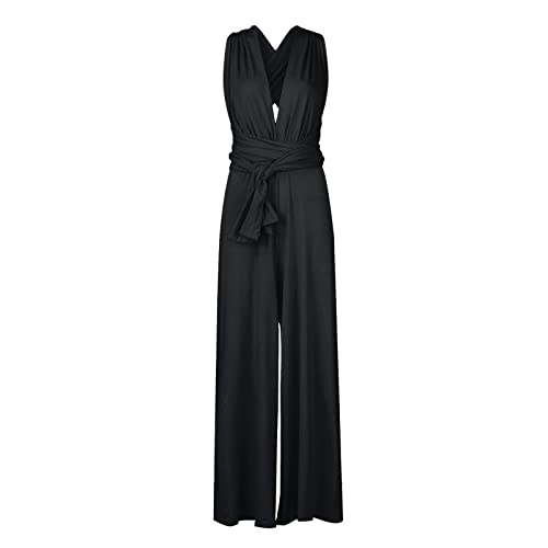 Hosenanzug Damen Festlich Hochzeit Hosenanzüge Damen Elegant Overall mit Taschen und V-ausschnitt Cut Out Playsuits Plus Size Romper Off Shoulder Sommer Wide Leg Einfarbig ärmelloser Onesie von FUPODD
