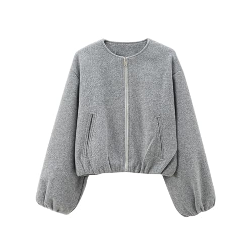 FUPODD Jacke Damen Kurz Winter Übergangsjacke Elegant Bomberjacke Mit Reissverschluss Wollmantel Kurze Fleecejacke Langarm Pilotenjacke Tweed Mantel Mit Taschen Winterjacke Wolle Fliegerjacke Locker von FUPODD
