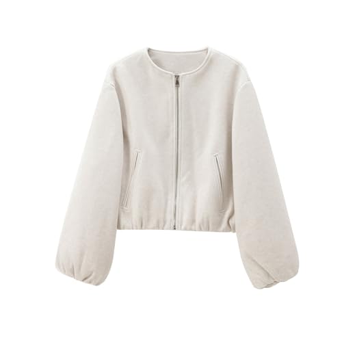 FUPODD Jacke Damen Kurz Winter Übergangsjacke Elegant Bomberjacke Mit Reissverschluss Wollmantel Kurze Fleecejacke Langarm Pilotenjacke Tweed Mantel Mit Taschen Winterjacke Wolle Fliegerjacke Locker von FUPODD
