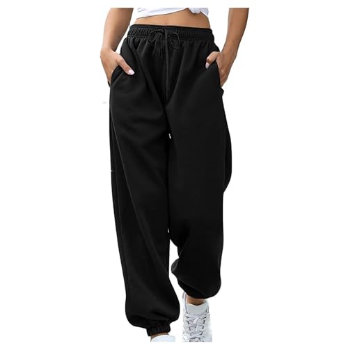 FUPODD Jogginghose Damen Einfarbig mit Bündchen Warm High Waist Hose Damen mit Kordelzug Stretch Schnittmuster Pumphose Sporthose Freizeithose mit Taschen Trainingshose Winter Elastischer Bund von FUPODD