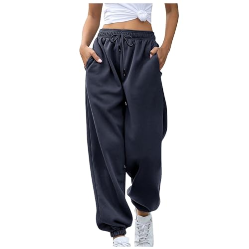 FUPODD Jogginghose Damen Einfarbig mit Bündchen Warm High Waist Hose Damen mit Kordelzug Stretch Schnittmuster Pumphose Sporthose Freizeithose mit Taschen Trainingshose Winter Elastischer Bund von FUPODD