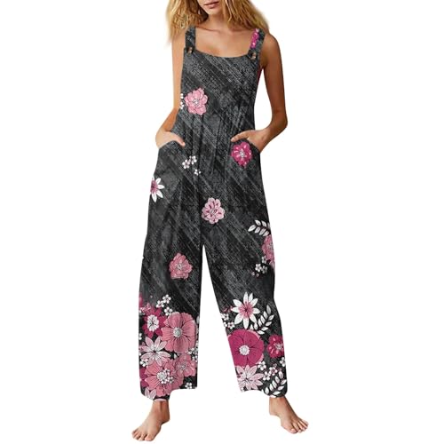 FUPODD Jumpsuits Für Damen Eleganter Sommer Outfit Damen Leinen Jumpsuit Umstandsmode Overalls Schick Playsuit Locker Latzhose Vintage Muster Romper Ärmellos Latzhosen Casual Overall Oversize Onesie von FUPODD