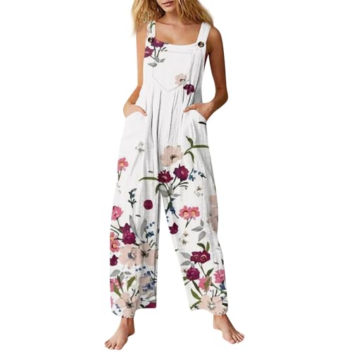 FUPODD Jumpsuits Für Damen Eleganter Sommer Outfit Damen Leinen Jumpsuit Umstandsmode Overalls Schick Playsuit Locker Latzhose Vintage Muster Romper Ärmellos Latzhosen Casual Overall Oversize Onesie von FUPODD