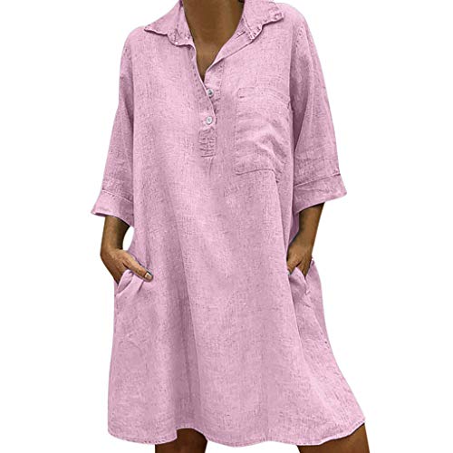FUPODD Kleid Damen Sommer Luftiges 3/4 Ärmel Sommerkleid Schick Dünne Schöne Strandkleid Baumwolle Leinen Übergröße Grosse Grössen Sommerkleider Plus Size Kleider Strand Freizeit Lässig Leinenkleid von FUPODD