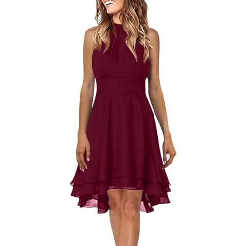 FUPODD Kleider Damen Einfarbig Elegante Ärmellos Partykleid Lässig Sommerkleid Damen Kurz Rüschen Neckholder Kleid Damen Tailliert Plissee Schick Sommerkleider Damen Leicht Und Luftig Strandkleid von FUPODD