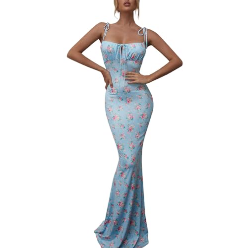 FUPODD Kleider Damen Sommer Lang Blumen Sommerkleid Rückenfrei Spaghettiträger-Kleid Eng Maxikleid Ärmellos Partykleid Elegant Maxi Sommerkleider Gerade Geschnitten Bleistiftkleid Kordelausschnitt von FUPODD