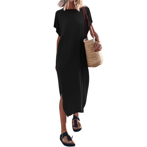 FUPODD Kleider Damen Sommer Strandkleid Sommerkleid Musselin Tunika Kleid Maxikleid Boho Sommerkleider Leicht Und Luftig Leinenkleid Sommer Strandkleider Blusenkleid Pareos & Strandkleider Für Damen von FUPODD