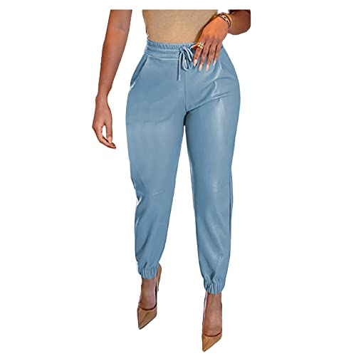 FUPODD Kunstleder Leggings Leichte Sommerhose, Damen Sommerhose Elegant Damen Leder Jogginghose Damen Freizeithose Lederimitat Vintage Hose Damen Mit Kordelzug Lederhose Damen High Waist Mit Bündchen von FUPODD