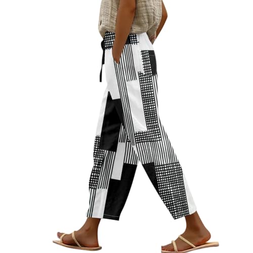 FUPODD Lange Sommerhosen Damen Stoffhose Damen Sommer Hosen Damen High Waist Luftige Hose Blumen Strandhose Mit Kordelzug und Taschen Freizeithose Frauen Straight Schlupfhose von FUPODD