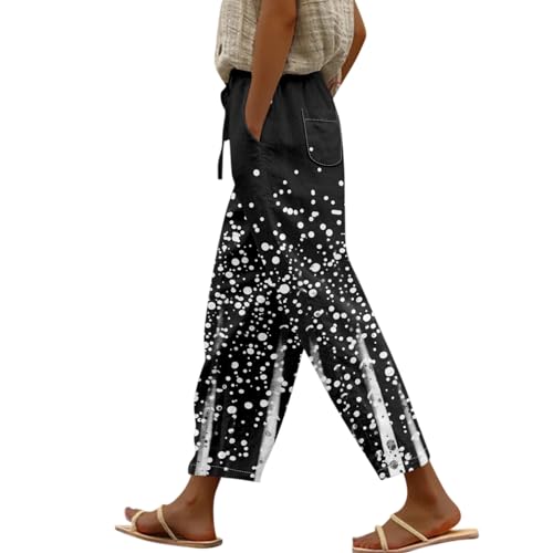 FUPODD Lange Sommerhosen Damen Stoffhose Damen Sommer Hosen Damen High Waist Luftige Hose Blumen Strandhose Mit Kordelzug und Taschen Freizeithose Frauen Straight Schlupfhose von FUPODD